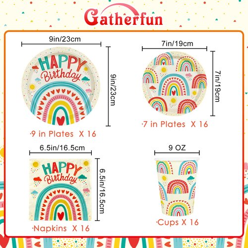 Retro Rainbow Themed Happy Birthday Party Supplies Set - Vibrant Disposable Paper Plates, Cups and Napkins - Fun & Colorful Design for Boys/Girls - For 16 Guests