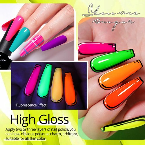 UR SUGAR Neon Gel Nail Polish Set, 12 Colors Hot Pink Orange Yellow Green Blue Red Purple Neon Pastel Color Spring Summer Nail Polish Kit Fluorescent Gel Polish Set for Home DIY Manicure Nail Salon