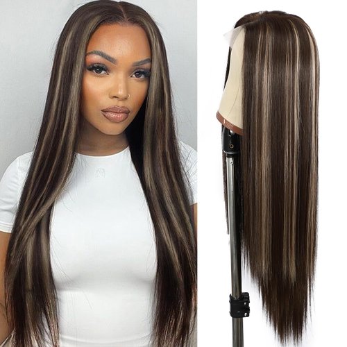 QD-Udreamy 13x6 Lace Front Wigs, Brown with Blonde Highlight Straight Synthetic Lace Front Wig for Women Part Pre_plucked With Natural Hairline Heat Resistant Fiber for Daily Cosplay 26 Inches