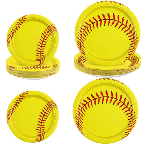 ADXCO 48 Pack Softball Plates 9 Inch and 7 Inch Home Plate Softball Round Softball Paper Plates for Sports Theme Birthday Party Decorations Party Supplies