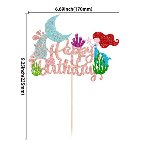 Gyufise 1Pcs Mermaid Happy Birthday Cake Topper Glitter Mermaid Cake Pick Seashells Coral Mermaid Tail Cake Decoration for Under the Sea Baby Shower Birthday Party Supplies Rose Gold