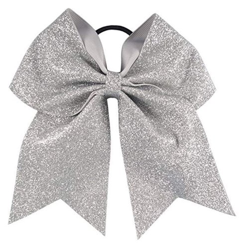 Glitter Cheer Bows - Cheerleading Softball Gifts for Girls and Women Team Bow with Ponytail Holder Complete your Cheerleader Outfit Uniform Strong Hair Ties Bands Elastics by Kenz Laurenz (1) (Silver)