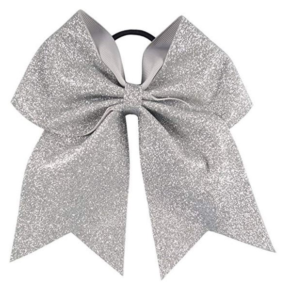 Glitter Cheer Bows - Cheerleading Softball Gifts for Girls and Women Team Bow with Ponytail Holder Complete your Cheerleader Outfit Uniform Strong Hair Ties Bands Elastics by Kenz Laurenz (1) (Silver)