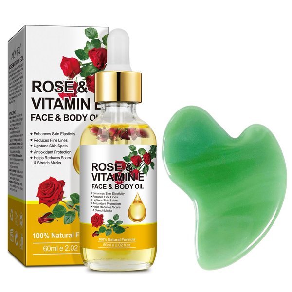 Vitamin E Face Oil,Rose Vitamin E Oil with Gua Sha Massage Tools for Face & Body,Organic Rose Oil for Anti Ageing, Spots,Moisturizing and Hydrating,Reduce Scar and Stretch Marks, Redness-2.02 fl.oz