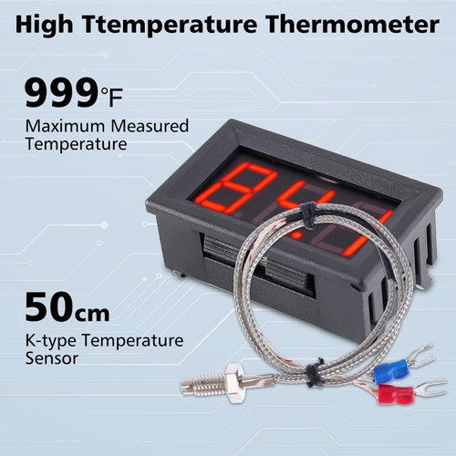 PEMENOL 12V Red Fahrenheit Digital Temperature Meter -76F~999F LED Display with Industrial Grade 0.5m K-Type Thermocouple Temperature Sensor M6
