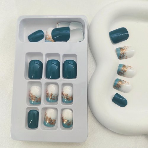 Square Press on Nails Short Sea Blue Fake Nails Glossy Acrylic Nails Press ons Full Cover False Nails with Golden Glitter Designs Glue Stick on Nails for Women Girls 24 Pcs