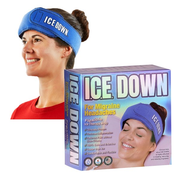 ICE DOWN Migraine Ice Head Wrap, Cold Therapy Wrap with 2 Reusable Ice Packs, Compress for Headaches, 27" x 3.5" Wrap, 11" x 3" Gel Ice Packs