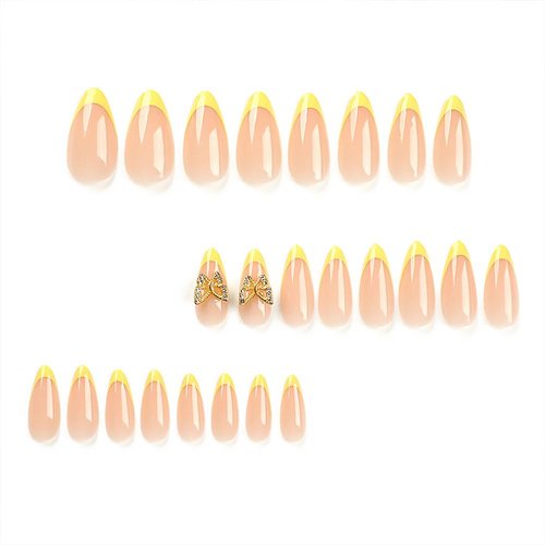 BAOYAALIN Almond Press on Nails Short Medium French Tips Yellow Fake Nails with 3D Gold Butterfly Gel Glue on Nails for Women Girls Acrylic False Stick on Nail Manicure Decorations for Wedding 24Pcs