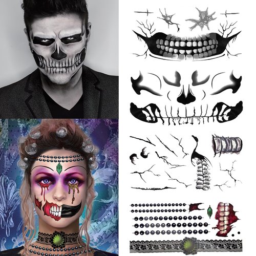 Generic 4 Sheets Halloween Horror Face Makeup Temporary Tattoo Stickers Devil Skull Face Waterproof Fake Tattoos for Cosplay Party Decorations, Black