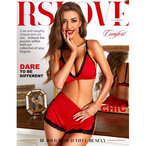 RSLOVE Sexy Pajama Set for Women Soft Lingerie Set Lace Trim Sleepwear 2 piece Pjs Shorts Set Red M