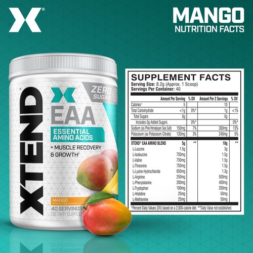 Scivation XTEND EAA + BCAA Powder | Muscle Recovery & Lean Muscle Growth | 9 Essential Amino Acids for Intra Workout or Post Workout Recovery | 10g EAAs Per 2 Servings | Mango 40 Servings