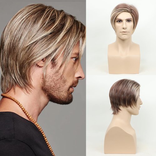 MLDconcinnty Mens Wig Slicked-back Side Part Short Brown Mix Blonde Layered Men’s Realistic Wig Synthetic Fiber Wigs Daily Use Cosplay Costume Wig