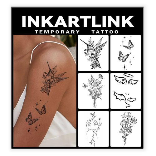 INKARTLINK 6 Sheets Temporary Tattoos, Semi-Permanent Tattoo, Premium Long Lasting, Water-Resistant Temp Tattoo with Plant-based Ink - Lasts 1-2 Weeks, Floral and Avian Designs.