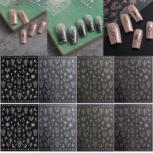 8 Sheets Star Moon Sun Nail Art Stickers Decals 3D Self-Adhesive Nail Art Decoration Decals Holographic Laser Design Star Nail Decals Moon Sun Nail Charms for Women and Girls DIY Acrylic Nail Art