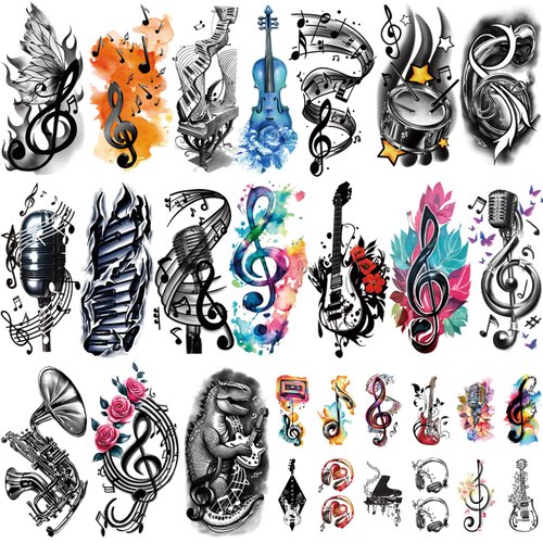 77 Sheets Music Temporary Tattoos Adult Kids Fake Tattoos Birthday Music Festival Party Favors Half Arm Sleeves Guitar Violin Piano Music Notes Tattoos Stickers for Men Women Kids