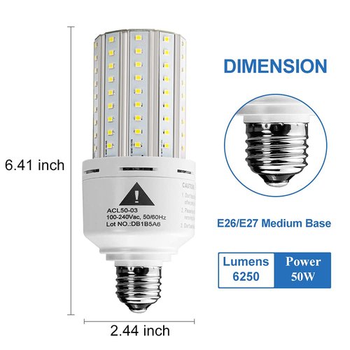 ZP 2-Pack Led Light Bulb 400W Equivalent 6250 Lumen 5000k Cool Daylight White E26/E27 Medium Base 50W Led Corn Light for Outdoor Indoor Lamp Area Garage Warehouse Workshop Street Backyard New Upgrade