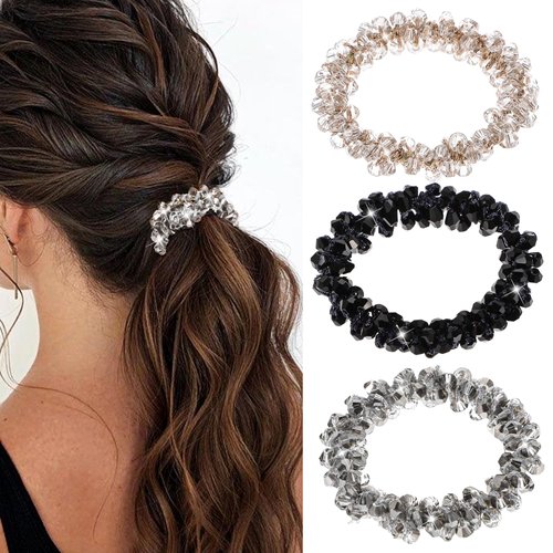 Qianyu 3 Pcs Rhinestone Hair Ties Pearl Hair Scrunchies Elastic Crystal Ponytail Holder Fancy Bea...