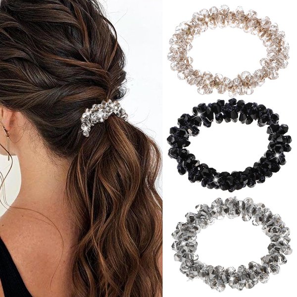 Qianyu 3 Pcs Rhinestone Hair Ties Pearl Hair Scrunchies Elastic Crystal Ponytail Holder Fancy Beaded Hair Band Stretchy Pretty Hair Ropes for Women Girls Accessories