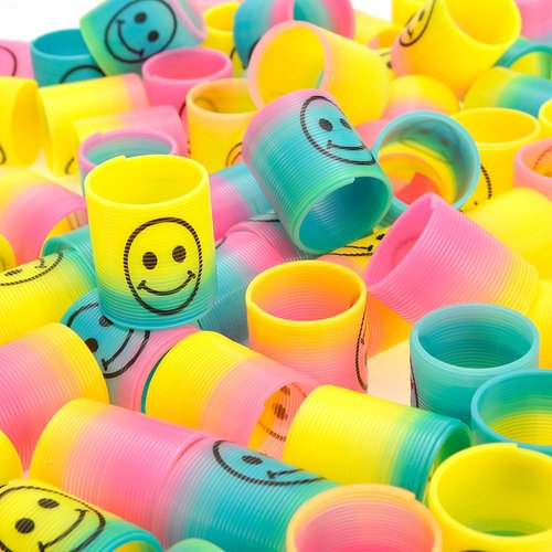 PowerTRC 144 Pcs Mini Slinky Party Favors Mini Slinkies Bulk, Emoticon Rainbow Spring Toys Goodie Bag Stuffer, Coil Spring Toy for Carnival Prize Classroom Exchange Gifts