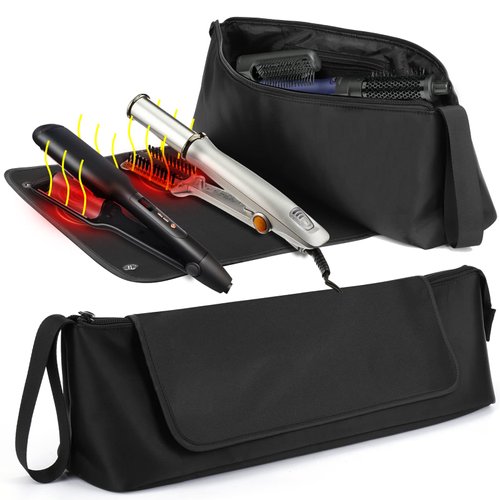 Mity Rain 2 in 1 Hair Tools Travel Case with Heat Resistant Mat - Extra Long Neoprene Bag for Flat Iron, Hair Straightener, and Hot Styling Tools