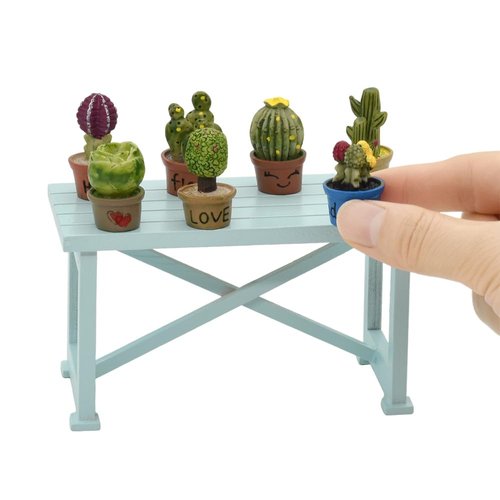 iLAND Miniature Dollhouse Accessories and Furniture, Dollhouse Table w/Succulent Dollhouse Plants 8pcs Fit Dollhouse & Fairy Garden