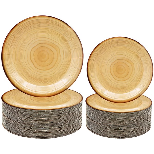 50Pcs Wood Grain Party Supplies Wood Paper Plates Set 9"Rustic Wood Slice Dinner Plates,7"Woodland Plates Camp-Fire Camping Party Supplies Woodland Baby Shower Lumberjack Birthday Party Decorations