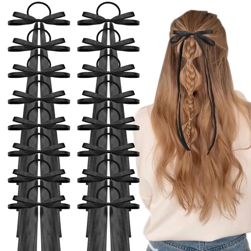 16Pcs Long Silk Ribbon Hair Bands, Black Hair Elastic with Bow Silk Hair Ties, Satin Hair Scrunchies for Women Kids Girls