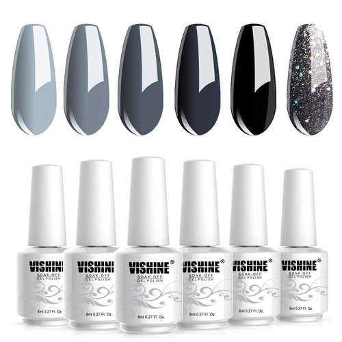 Vishine Classic Gray Serie Gel Nail Polish Set - 6 Different Gray Shades Glitter Gel Polish Kit Popular Nail Art Design Soak Off LED Lamp Nail Polish Gel Manicure Kit