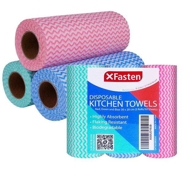 XFasten Disposable Kitchen Towels, 11.8 inches x 7.87 inches, Set of 3 (Red, Green, Blue 150 Total Sheets) Washable and Reusable Cleaning Cloths | Lint and Streak Free Reusable Paper Towels