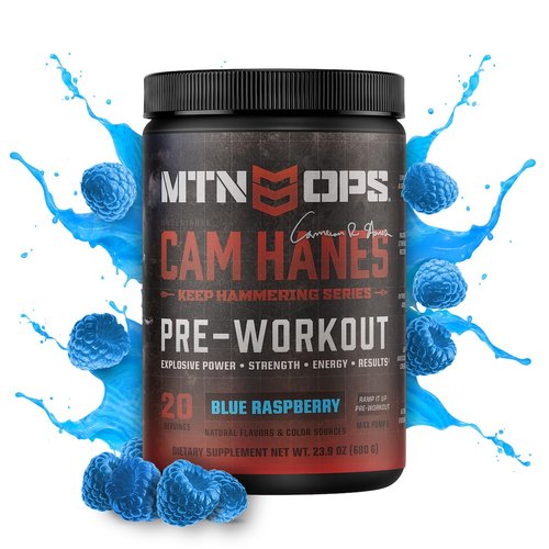 MTN OPS Pre-Workout Powder Energy Drink Keep Hammering Series by Cameron Hanes, Blue Raspberry, 20 Servings, 23.2oz