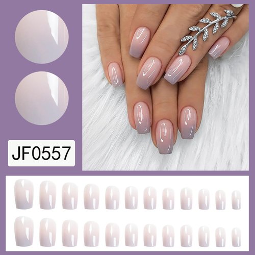 Press on Nails Short Fake Nails Coffin False Nails with Glue Purple Pink Gradual Nude Color Glue on Nail Foll Cover Stick on Nails For Women Girls 24PCS