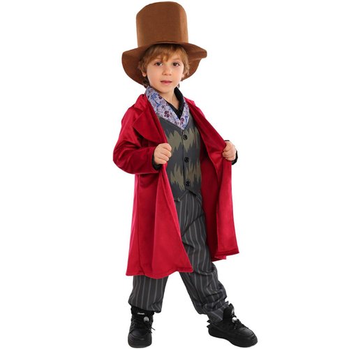 BIPDOVO Kids Fantasy Confectioner Costume, Red Ensemble with Brown Top Hat, Magician Outfit for Theme Parties Halloween (10-12 years)