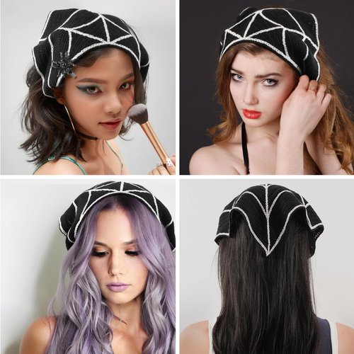 Gothic Cotton Headbands for Women, Spooky Crochet Bandana Knitted Headband with Gothic Hair Accessories, Wicked Hair Accessories Spider Rhinestone Barrettes Triangle Scarf Alternative Accessories