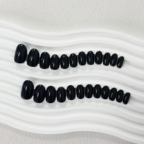 Black Press on Nails Short Almond Oval Glossy Fake Nails 24Pcs, Solid Color Nails press ons 12 Sizes, Reusable Nail Kit, Stick on Nails for Women and Girls Daily Wear