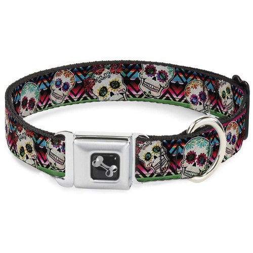 Buckle-Down Dog Collar Seatbelt Buckle Sugar Skulls Zarape Multi Color 15 to 26 Inches 1.0 Inch Wide (DC-W34561-L)