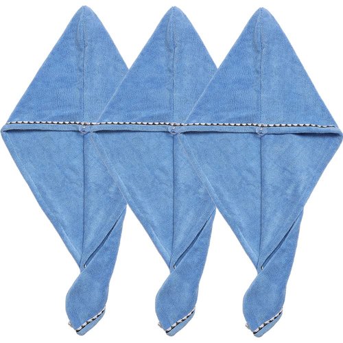 Borogo Microfiber Hair Towel Wrap for Women, 3Pcs Hair Towel Wrap Turban Drying Bath Shower Head Towel with Buttons, Dry Hair Hat, Wrapped Bath Cap Blue