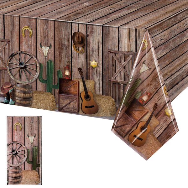 Tiamon 1 Pcs Western Party Tablecloth Western Cowboy Party Table Cover Cowboy Theme Plastic Tablecloth Wild West Wooden House Barn Door Table Cover for Western Theme Baby Shower Birthday Party