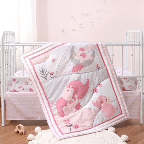 The Peanutshell Pink Elephant Crib Bedding Set for Baby Girls, 3 Piece Nursery Set
