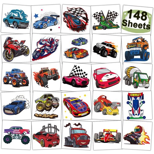 CHARLENT 148 PCS Race Car and Monster Truck Temporary Tattoos for Kids - GoKart Car Individual Tattoos for Boys Racecar Birthday Party Favors Goodie Bag Fillers