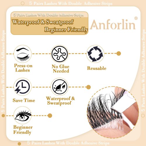 5 Pairs Self Adhesive Eyelashes 5 Styles Fluffy Self-adhesive False Eyelashes, Wispy Natural Lahes Waterproof & Sweatproof Reusable No Glue Needed,by Anforlin