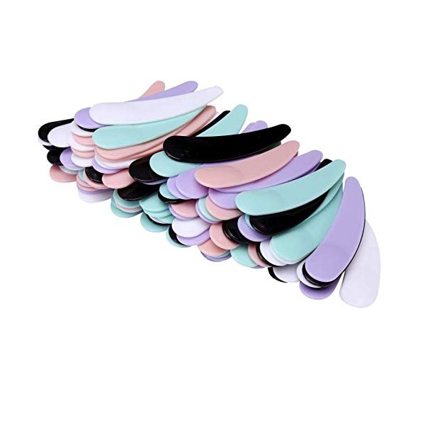 LASSUM Pack of 100 Mini Disposable Curved Cosmetic Spatula Scoop,Small Makeup Plastic Scoop for Mixing and Sampling (Multi-color)