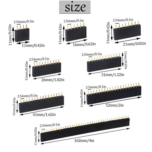 Ruibapa 2.54mm Female Pin Header Socket Connector Strip Assortment Kit Straight Single Row PCB Board Pin Header 4、6、8、10、12、16、20、40Pin P-037