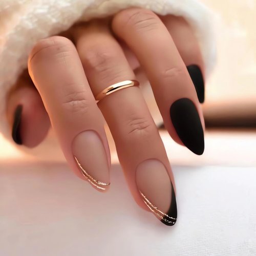 Fall Press on Nails Medium Fake Nails, LPOODDNU Winter Press on Nails Almond Shape False Nail Tips Black Nude Glue on Nails Cute Stick on Nails French Manicure Decorations for Women, 24Pcs