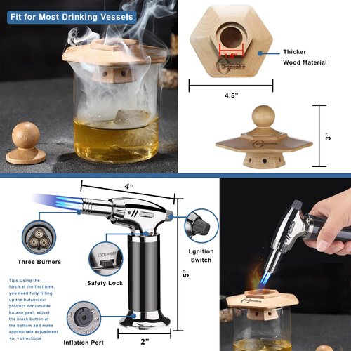 Cocktail Smoker Kit with Torch,Old Fashioned Smoker Kit with 6 Flavour Wood Chips and 4 Ice Cube Whiskey Stone for Bar Lovers,Father,Husband gift (Butane Not Included)