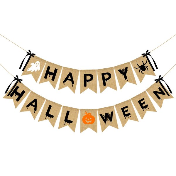 Happy Halloween Burlap Banner Happy Halloween Decorations, Halloween Party Banner Burlap for Halloween Haunted Houses Home Indoor Mantle Decor Pumpkin Witch Halloween Party Decorations