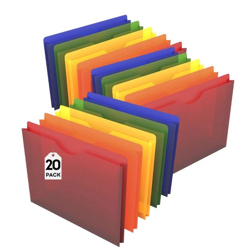1InTheOffice File Folders, Plastic, Assorted Colors, Letter Size, Expandable, 20 Pack