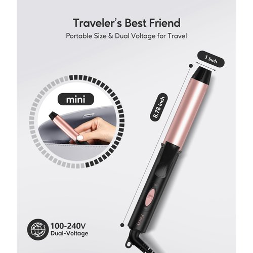 Mini Curling Iron Travel Size, 1 Inch Barrel Travel Curling Iron, Travel Curling Iron Dual Voltage, Ceramic Mini Hair Curler with Keratin&Argan Oil Infuse, Travel Size Curling Iron with Storage Bag