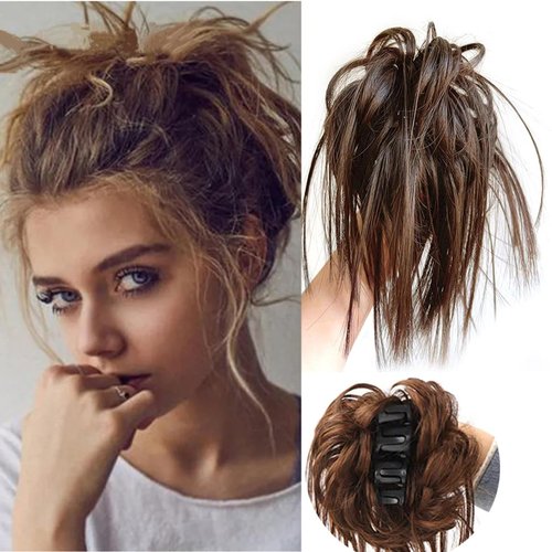 Claw Clip Messy Hair Piece Tousled Updo Messy Hair Bun Hair Scrunchies Synthetic Wavy Curly Chignon Hair Extension Ponytail Hairpieces for Women (Light Brown)