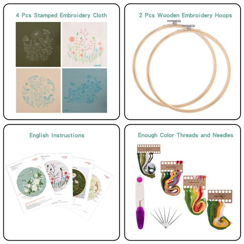 Embroidery Starters Kit with Pattern for Beginners, 4 Pack Cross Stitch Kits, 2 Wooden Embroidery Hoops,Scissors,Needles and Color Threads,Needlepoint Kit for Adults