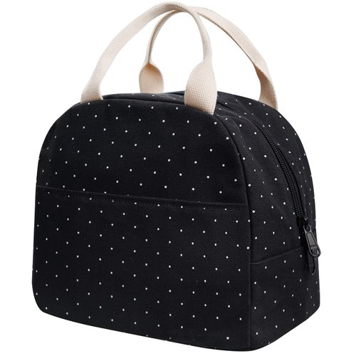EurCross Upgraded Compact Black Lunch Bag for Teen Girls Women,Canvas Reusable Polka Dot Lunch Tote Box Bag for Work School